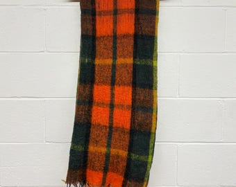 Vintage Orange Mohair Wool Plaid Throw, Vintage Throw Blanket