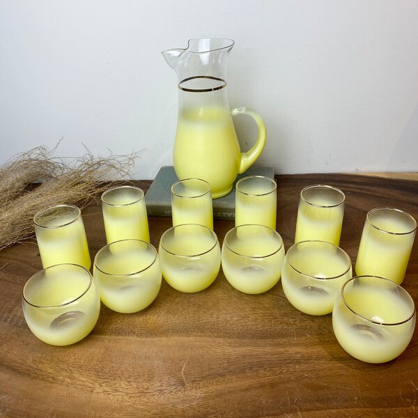 Vintage Blendo Drink Set Pitcher, Roly Poly, Juice Glasses, Yellow Ombré