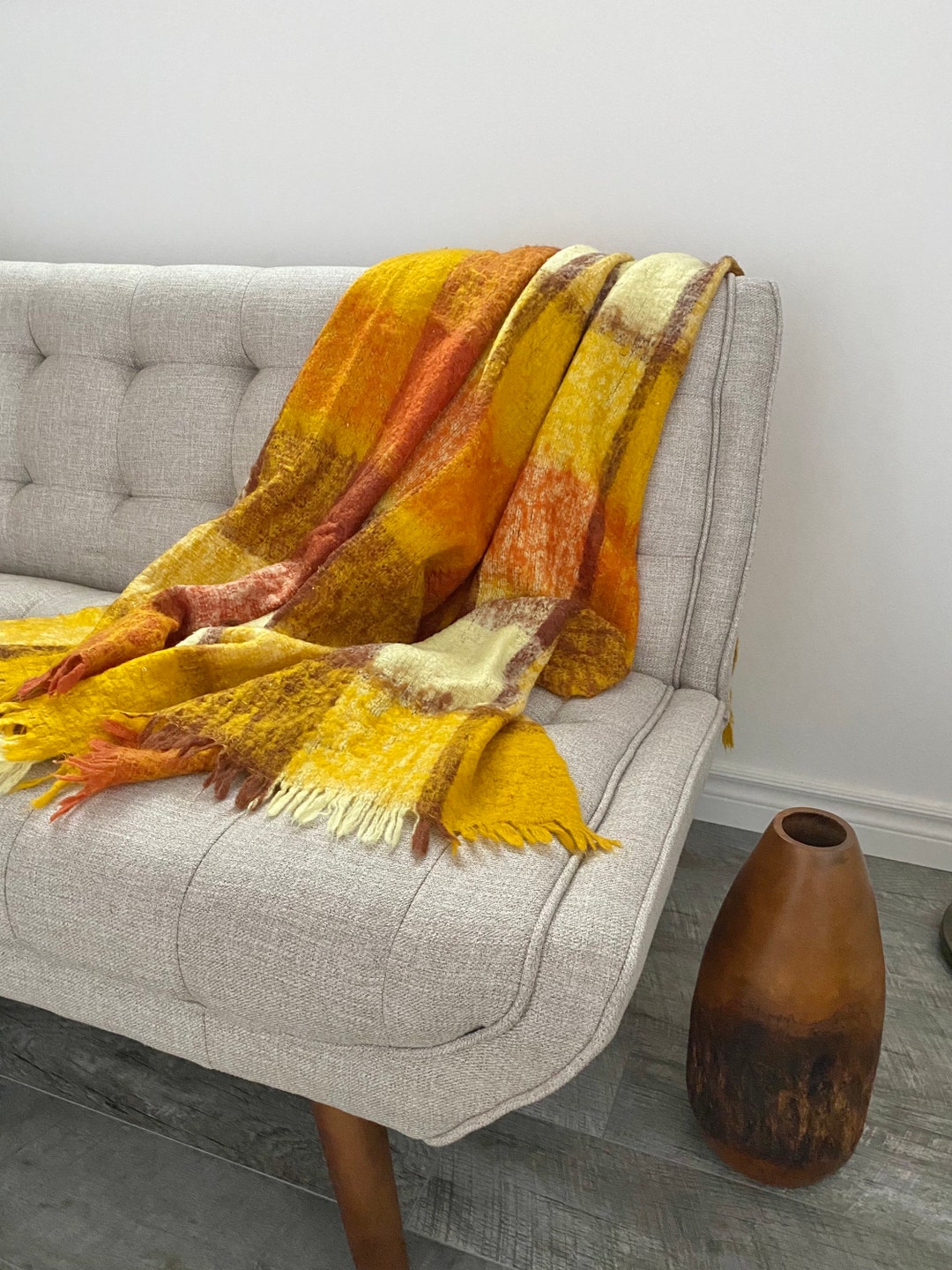 Vintage Yellow Plaid Throw Blanket Etsy Canada