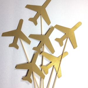 Brass colored Shiny gold Airplanes Table decor on 12" skewers, Centerpiece, decorative accessory, baby shower decor, 12 per order