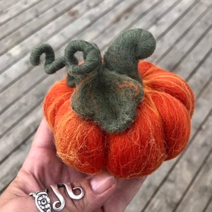 May include: A small, hand-felted orange pumpkin with a green stem. The pumpkin is about the size of a person's hand.