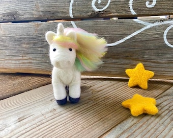 Handmade Needle Felt Unicorn Ornament, Merino Wool Rainbow Pony