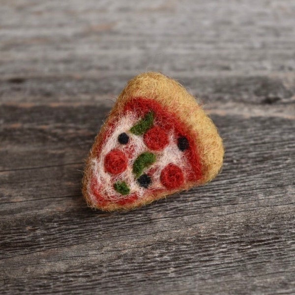 Combo Pizza Pin, Magnet, Mini Needle Felted, Merino Wool Unique Accessory, Handmade Needle Felt Wool Art, Wearable Art, Felted Wool Food Art