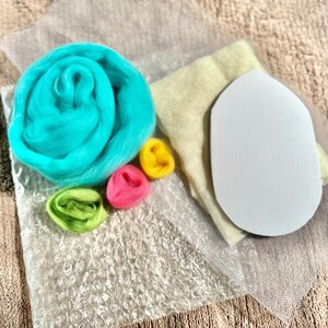 May include: A set of wool roving for needle felting, including a light blue, pink, yellow, and green roving. The set also includes a white felt pad and a clear plastic sheet.