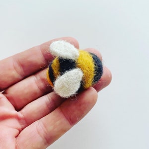 May include: A small, hand-felted bee with black and yellow stripes and white wings. The bee is sitting on a person's hand.