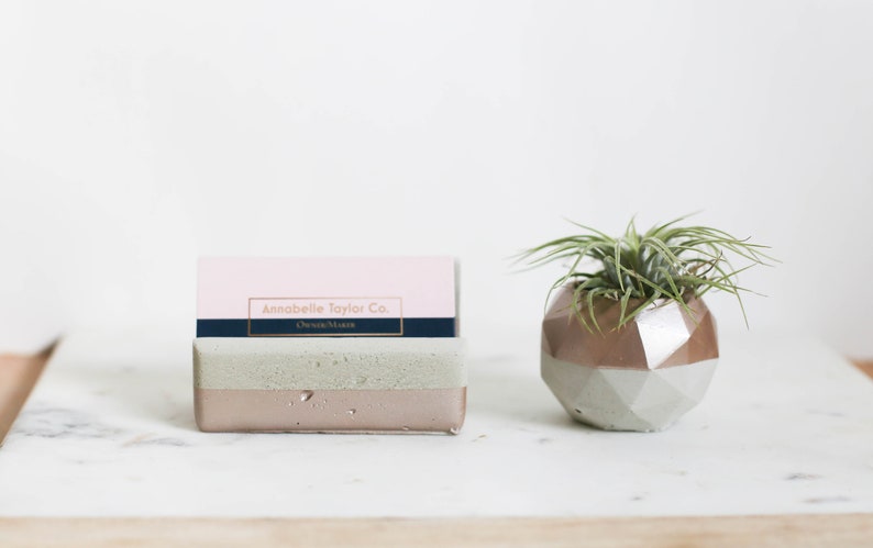 Desk Set Pearl Geo Planter Business Card Holder Decor Succulent Pot Concrete Modern Office