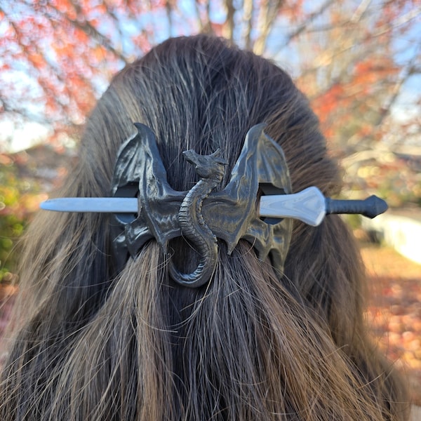 Dragon Spirit Hair Pin – 3D Printed Dragon Sword Hair Stick, Fantasy Hair Accessory, Cosplay Hair Clip, Gothic Dragon Hairstick, Gift for He