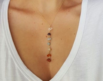 7 Chakra Crystal Necklace • Meditation Necklace • Natural Gemstone Drop Chain • Gold Fill 7 Stone Chakra • Yoga Jewelry • Gift For Yogi