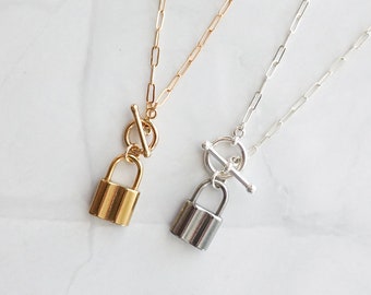 Lock Necklace • Gold Padlock Jewelry • Toggle Clasp Necklace • Modern Layering Necklace • Dainty Lock Pendant • Paperclip Chain Necklace