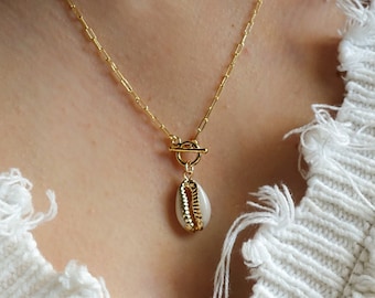 Cowrie Shell Necklace • Gold Seashell Jewelry • Toggle Clasp Necklace • Modern Layering Necklace • Cowry Shell • Paperclip Chain Necklace