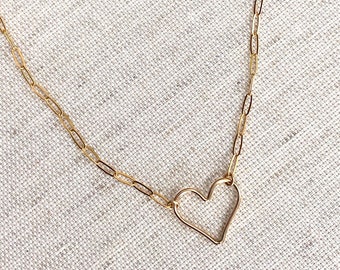 Open Heart Necklace • Gold Paperclip Chain Jewelry •  Modern Layering Necklace • Valentine's Day Necklace • Gift for Girlfriend, Wife, Mom