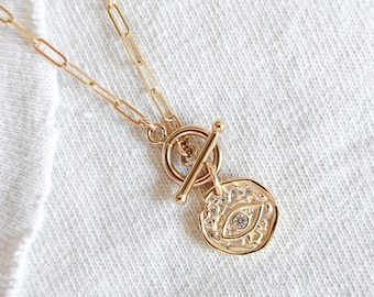 Evil Eye Necklace • Gold Coin Necklace • Toggle Clasp Necklace • Modern Layering • Paperclip Chain • Nazar Protection Amulet • Medallion