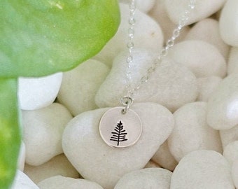 Sterling Silver Evergreen Necklace • Pine Tree Jewelry • Small Disk Necklace • Hiking Jewelry • Adventure Awaits • Dainty Mountain Jewelry