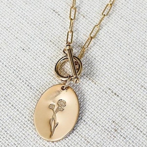Birth Flower Necklace • Toggle Clasp Necklace • Birth Month Jewelry • Paperclip Chain Necklace • Mother&#39;s Day Gift • Remembrance Gift