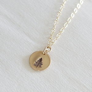 Gold Filled Evergreen Necklace Pine Tree Jewelry Small Disk Necklace Forest Jewelry Woodland Jewelry Tree Charm Hike Jewelry image 1
