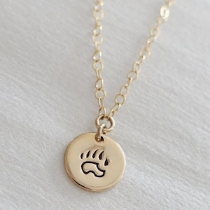 Bear Paw Necklace • Small Disc Necklace • Hand Stamped Jewelry • Hike Jewelry • Forest Jewelry • Animal Print • Dainty Gold-Fill or Silver