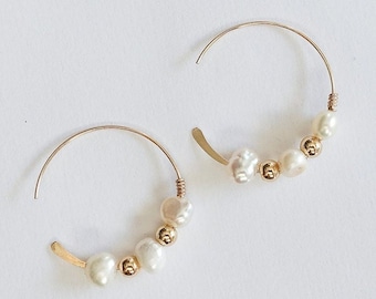 Pearl Hoops • Endless Hoop Earrings • Open Hoop Earrings • Minimalist Jewelry • Freshwater Pearl Jewelry • Boho Earrings • Everyday Earrings