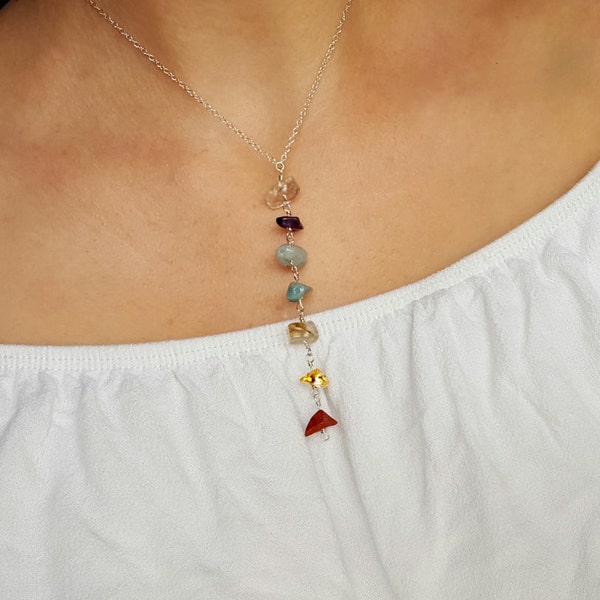 7 Chakra Crystal Necklace • Yoga Jewelry • Meditation Necklace • Gold Fill 7 Stone Chakra • Gift For Yogi • Natural Gemstone Drop Chain