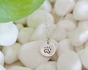 Bear Paw Necklace • Small Disc Necklace • Hand Stamped Jewelry • Hike Jewelry • Forest Jewelry • Animal Paw Print • Sterling Silver Disc