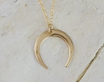 Double Horn Necklace • Gold Crescent Moon Necklace • Simple Everyday Necklace • Gold-Fill Horn Choker • Dainty Celestial Moon • Boho Jewelry