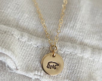 Bear Necklace • Dainty Disc Necklace • Gold-Filled Mountain Jewelry • Hiking Jewelry • Mama Bear Necklace • Forest Jewelry • Hand Stamped