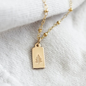 Gold Filled Evergreen Necklace Pine Tree Jewelry Satellite Chain Necklace Forest Jewelry Tree Charm Hike Jewelry Rectangle Tag image 1