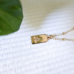 Gold Filled Evergreen Necklace Pine Tree Jewelry Satellite Chain Necklace Forest Jewelry Tree Charm Hike Jewelry Rectangle Tag image 7