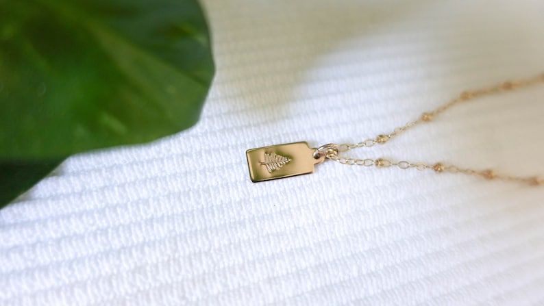 Gold Filled Evergreen Necklace Pine Tree Jewelry Satellite Chain Necklace Forest Jewelry Tree Charm Hike Jewelry Rectangle Tag image 7