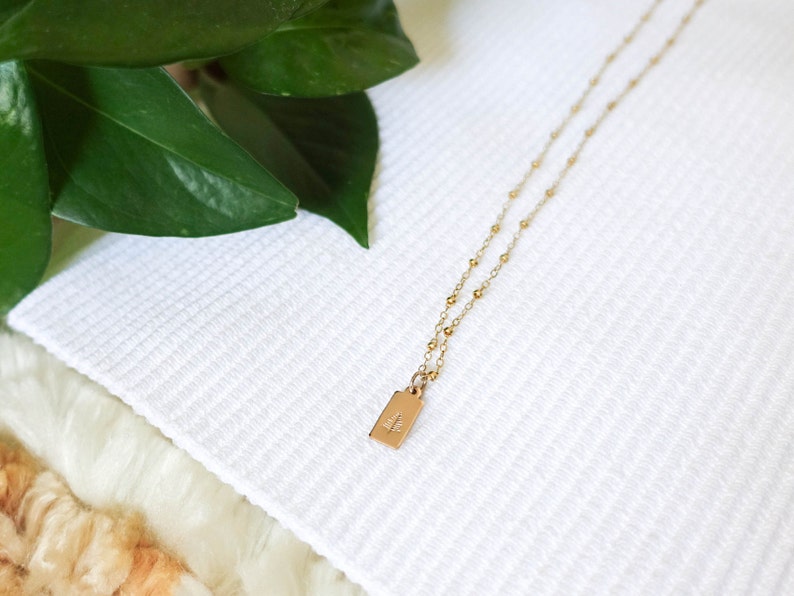 Gold Filled Evergreen Necklace Pine Tree Jewelry Satellite Chain Necklace Forest Jewelry Tree Charm Hike Jewelry Rectangle Tag image 2