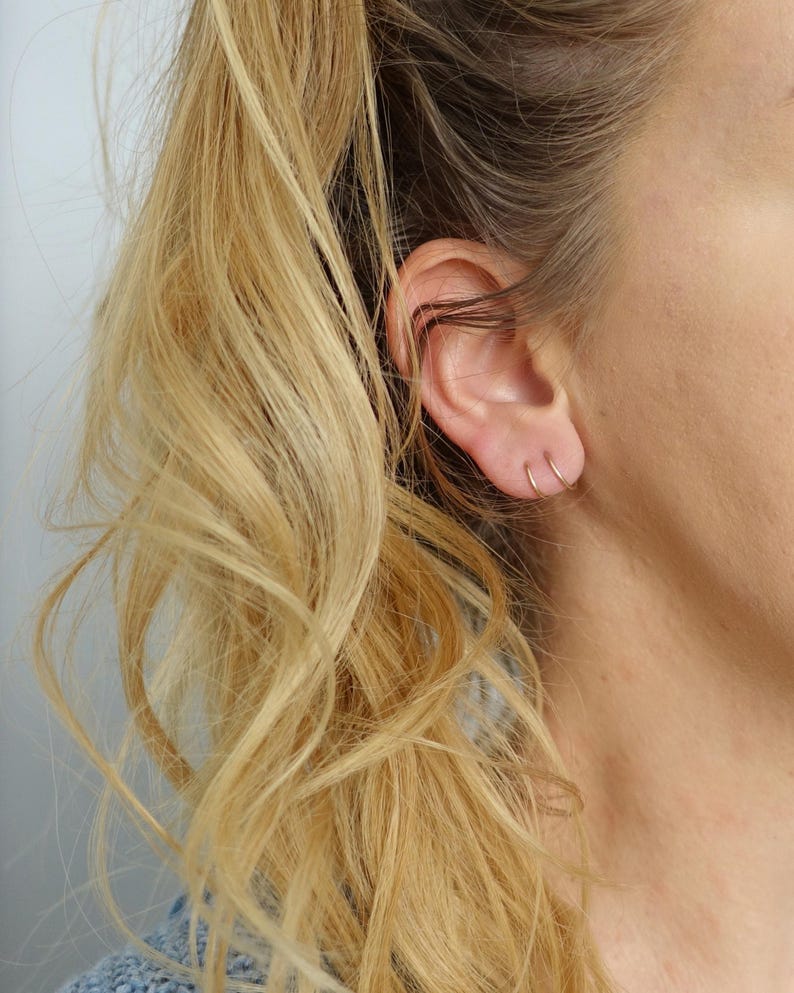 Double Hoop Twist Earrings • 8 mm Two Piercing Earring • Tiny Huggie Hoops • Minimal Spiral Earring • Double Cartilage or Helix Piercing image 8