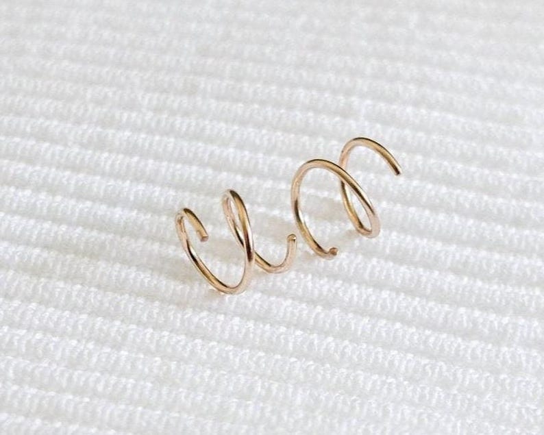 Double Hoop Twist Earrings • 8 mm Two Piercing Earring • Tiny Huggie Hoops • Minimal Spiral Earring • Double Cartilage or Helix Piercing image 1