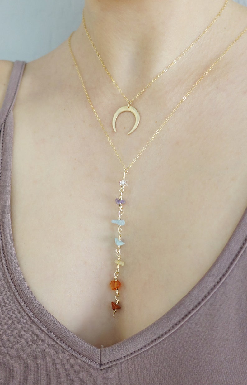 7 Chakra Crystal Necklace Meditation Necklace Natural Gemstone Drop Chain Gold Fill 7 Stone Chakra Yoga Jewelry Gift For Yogi image 3