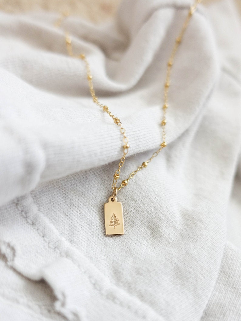 Gold Filled Evergreen Necklace Pine Tree Jewelry Satellite Chain Necklace Forest Jewelry Tree Charm Hike Jewelry Rectangle Tag image 1