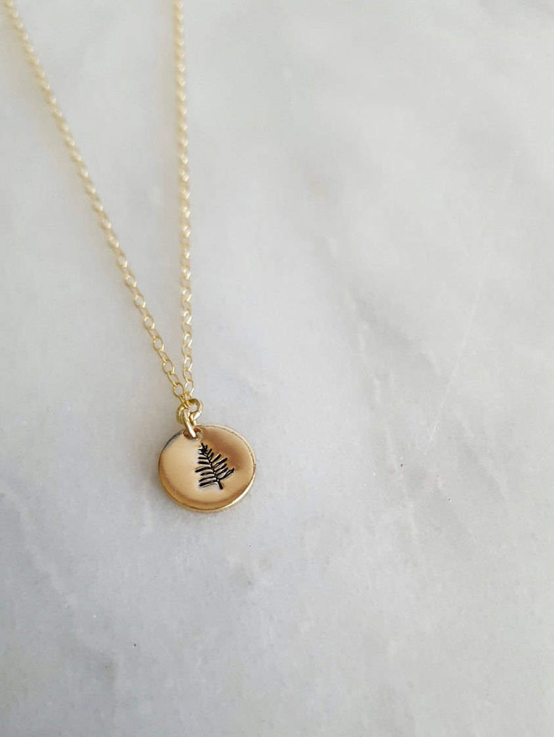 Gold Filled Evergreen Necklace Pine Tree Jewelry Small Disk Necklace Forest Jewelry Woodland Jewelry Tree Charm Hike Jewelry image 6