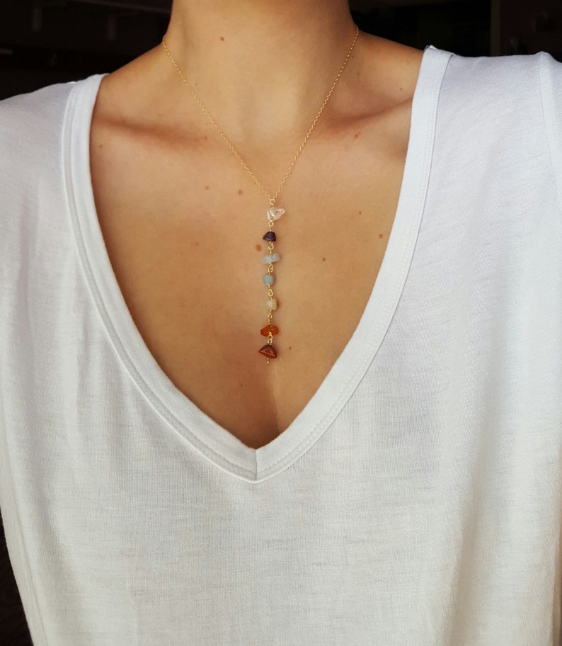 7 Chakra Crystal Necklace • Meditation Necklace • Natural Gemstone Drop Chain • Gold Fill 7 Stone Chakra • Yoga Jewelry • Gift For Yogi 