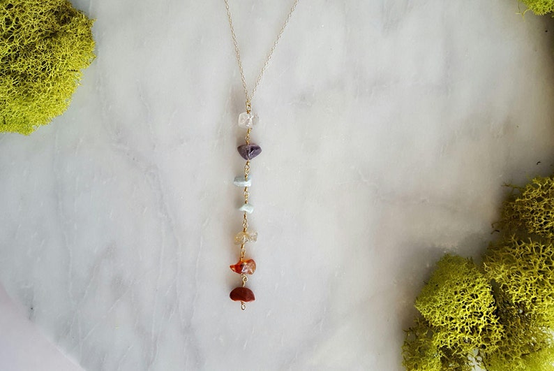 7 Chakra Crystal Necklace Meditation Necklace Natural Gemstone Drop Chain Gold Fill 7 Stone Chakra Yoga Jewelry Gift For Yogi image 2