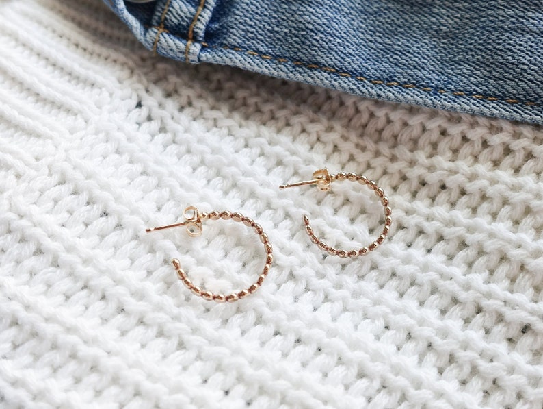 Tiny Dot Hoops Beaded Huggie Hoops Lightweight Everyday Earrings Open Hoop Earring Sterling Silver Gold Rose Gold Bead Wire Ear image 8