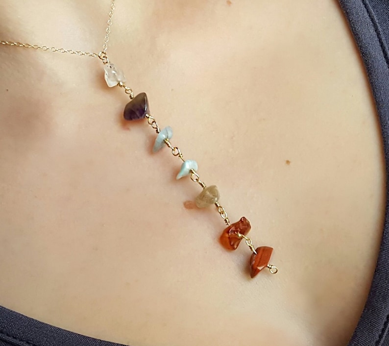 7 Chakra Crystal Necklace Meditation Necklace Natural Gemstone Drop Chain Gold Fill 7 Stone Chakra Yoga Jewelry Gift For Yogi image 9