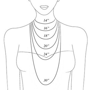 May include: A line drawing of a person's neck with different necklace lengths marked in inches, starting at 14 inches and increasing in increments of 2 inches up to 30 inches.