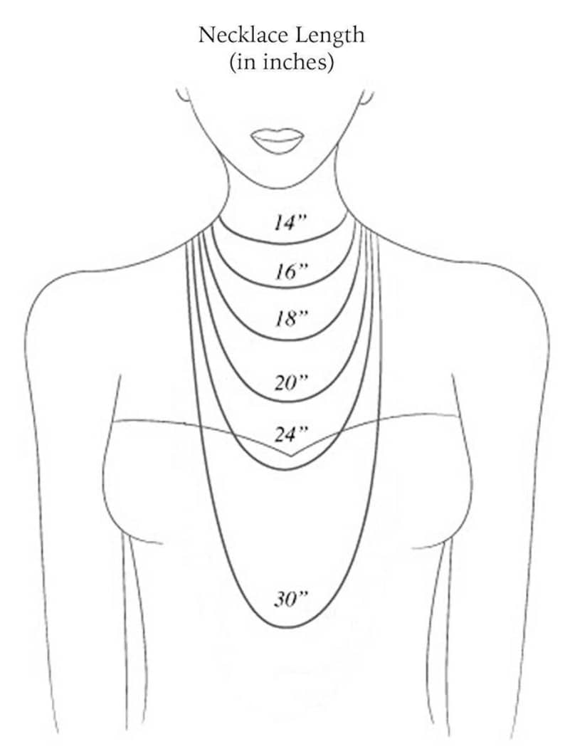 May include: A line drawing of a person's neck with different necklace lengths marked in inches, starting at 14 inches and increasing in increments of 2 inches up to 30 inches.