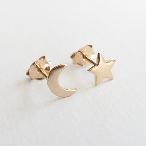 Gold Star and Moon Stud Earrings • Mismatch Earrings • Asymmetric Studs • Minimalist Earrings • Celestial Jewelry • Everyday Dainty Earrings