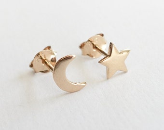 Gold Star and Moon Stud Earrings • Mismatch Earrings • Asymmetric Studs • Minimalist Earrings • Celestial Jewelry • Everyday Dainty Earrings