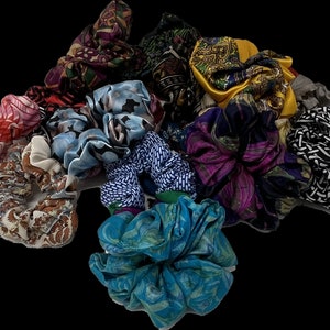 Upcycled Silk Hair Scrunchies, Hair wrap, handmade, sustainable fashion, repurposed vintage scarves, retro hair accessory. Colours available
