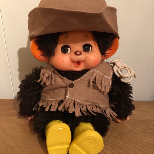 Monchhichi Vintage Sammlerstück Seltener großer Cowboy Toho Daisuke Monchichi, 36 cm.