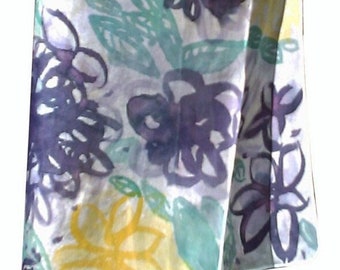 Silk Scarf Hand painted, purple, yellow and green , Zijden sjawl met de hand beschilderd, 34 x 125 cm (13,4 x 48,8) inches