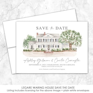 Puede incluir: Una tarjeta Save the Date de estilo acuarela con una casa blanca y árboles verdes. El texto dice "SAVE the DATE" encima de los nombres Ashley Gilmore & Carter Covington, con la fecha y el lugar debajo. Incluye un sobre blanco.