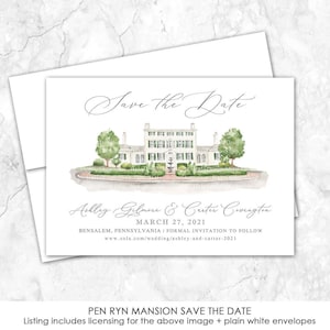 Pen Ryn Mansion Save the Date, Save the Date, Custom Venue, Watercolor, Pennsylvania