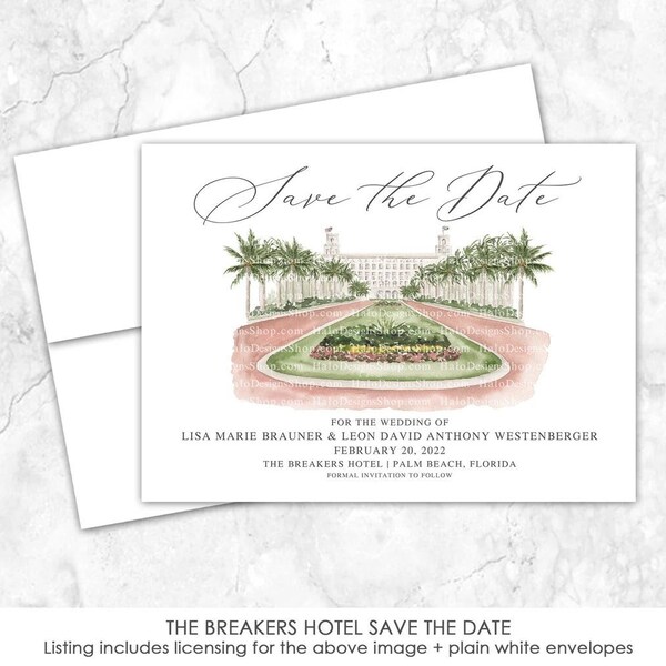 The Breakers Hotel Save the Date, Palm Beach Save the Date, Florida, Custom Venue, Watercolor Painting, Custom Watercolor