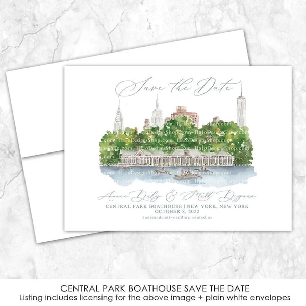 NYC Central Park Boathouse, Loeb Boathouse Save the Date, New York, Venue Save the Date, Watercolor Painting, Custom Watercolor