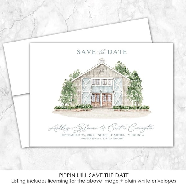 Pippin Hill Save the Date, Virginia Save the Date, Custom Venue, Watercolor Painting, Custom Watercolor, Vineyard, farm